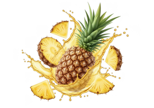 Pineapple And Slices Exploding In Splash Of Juice Isolated On Transparent Backdrop - Powered by Adobe