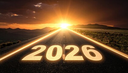 An eye-level perspective captures an open highway against the backdrop of a dramatic sunset, with the year 2026 illuminated on the asphalt. The setting sun radiates forward.