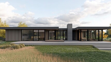 Fototapeta premium A modern, minimalist house features expansive glass windows, surrounded by lush greenery and a serene landscape.