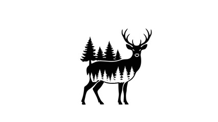 Deer silhouette with forest interior design, isolated on white background, woodland graphic