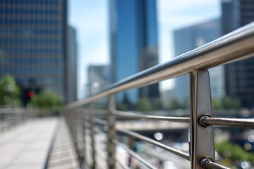 A metal railing in the foreground, overlooking a bright urban cityscape.