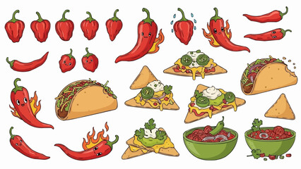 Spicy Mexican Food Fiesta with Chili Peppers and Nachos.