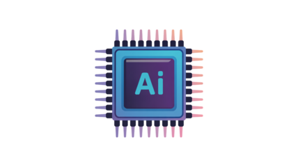 Microchip with Ai logo in futuristic design with neon blue and purple lighting on circuit board texture for technology