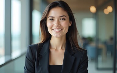 Portrait of a professional woman in a suit. Business woman standing in an office. High quality