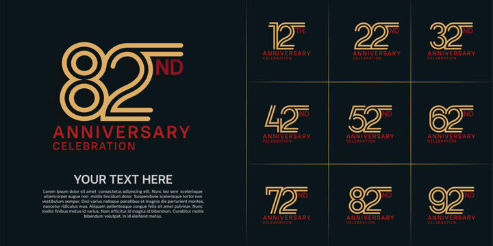Anniversary logo style double line number set. gold and red color on dark background for celebration event