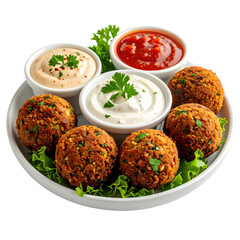 Falafel assortment with multiple dips isolated on white background, middle eastern chickpea fritters served with sauce selection