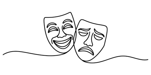 Continuous line art drawing of comedy and tragedy theatre masks. happy and sad emotions represented by drama symbol. Vector, illustration
