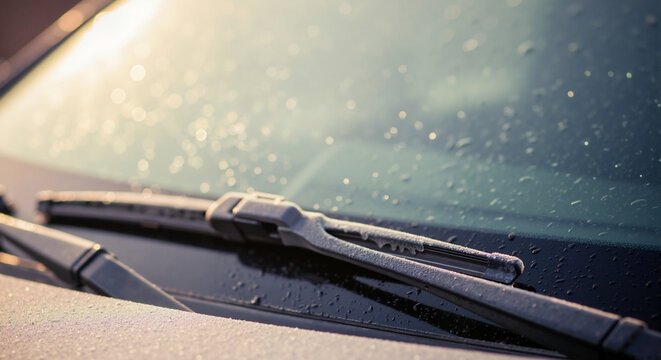 A car's windshield and wiper covered in frost on a cold winter morning. Close-up of frozen ice crystals sparkling in the bright sunlight - Powered by Adobe