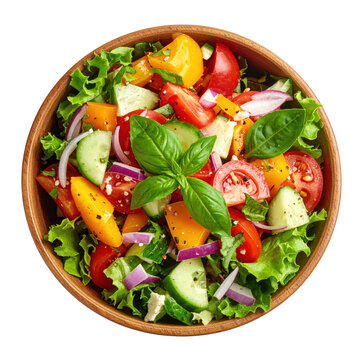 Traditional fattoush salad with romaine lettuce, radish, and cucumber, isolated on a pure white background