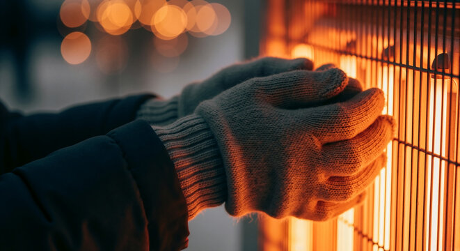 Close-up of hands in knitted gloves warming up in front of a glowing electric heater. Staying warm during the cold winter season