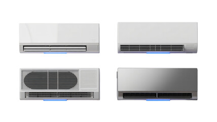 Four modern air conditioner units displayed in a clean collection showcasing cooling technology...