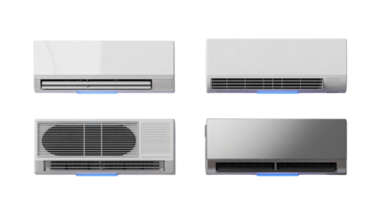 Four modern air conditioner units displayed in a clean collection showcasing cooling technology variations