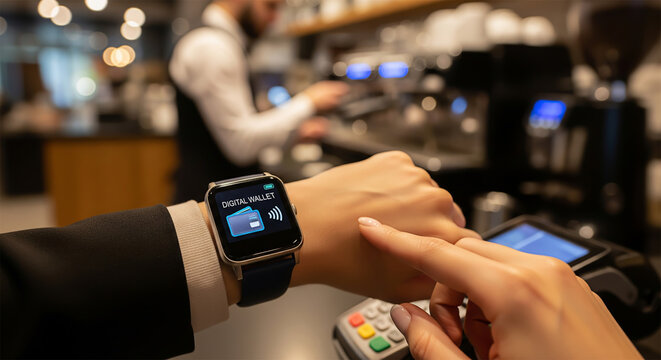 Person making contactless payment with smartwatch digital wallet at cafe payment terminal - Powered by Adobe