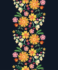 Floral seamless vertical border with yellow and pink  embroidered flowers and green leaves	
