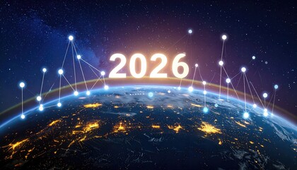 The global digital transformation towards 2026. A captivating visual of the year, represented with glowing nodes connected to Earth and orbiting in space.