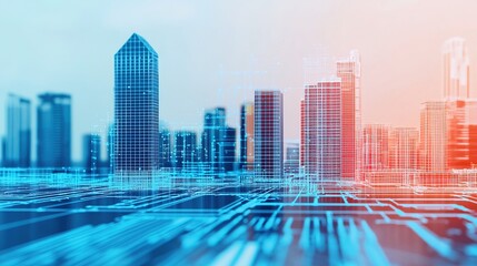 A futuristic cityscape featuring digital elements and a skyline of modern buildings in vibrant colors, representing technology and urban development.