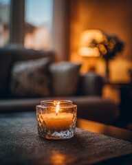 A lit candle in a glass jar placed on a table with a warm, softly blurred living room in the background.