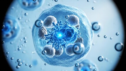 Closeup of a Cell Dividing Under Microscope with Blue Tones and Floating Particles