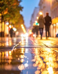 Urban sidewalk reflecting city lights