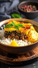 Layered food over rice in wooden bowl