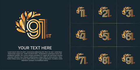 Anniversary logo type set with double line number and floral ornament. golden color for celebration event