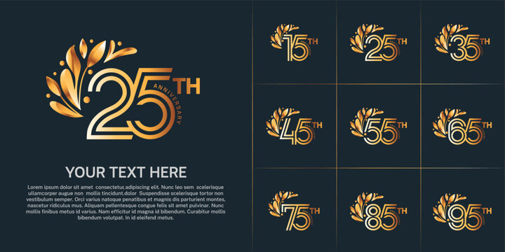 Anniversary logo type set with double line number and floral ornament. golden color for celebration event