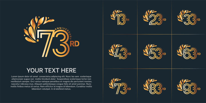 Anniversary logo type set with double line number and floral ornament. golden color for celebration event
