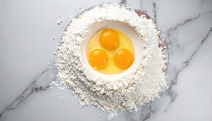 Flour with eggs on marble surface