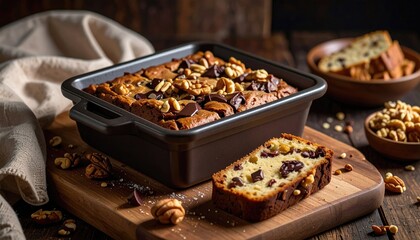 Walnut loaf on wooden board, rustic
