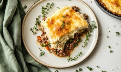 A savory slice of shepherd's pie, creamy potatoes, ground meat, and vegetables