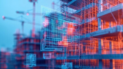 A futuristic construction site featuring digital blueprints overlaying a building framework, highlighting technology in architecture.