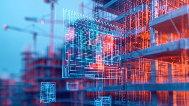 A futuristic construction site featuring digital blueprints overlaying a building framework, highlighting technology in architecture. - Powered by Adobe