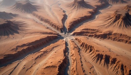Aerial View of Radial Canyons in a Vast Arid Desert Landscape