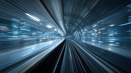 Obraz premium Futuristic subway tunnel with motion blur effect showing high speed movement. Abstract transportation concept with dynamic light trails, modern urban technology, and fast travel atmosphere.