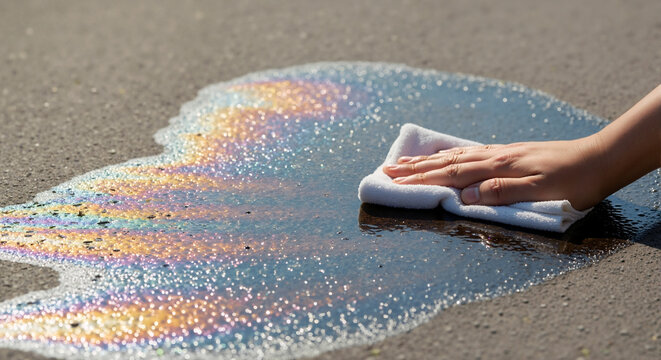 Hand cleaning iridescent oil spill on asphalt road with white cloth. Wiping rainbow fuel leak puddle from pavement. Environmental pollution cleanup concept