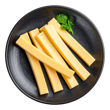 A portion of chechil cheese, a classic caucasian string cheese, presented on a plate and isolated on a white background