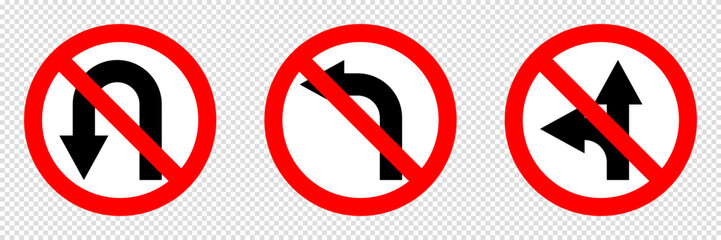 turn left prohibited road sign collection, no forward and left turn allowed, move direction forbidden, red crossed circle vector pictogram