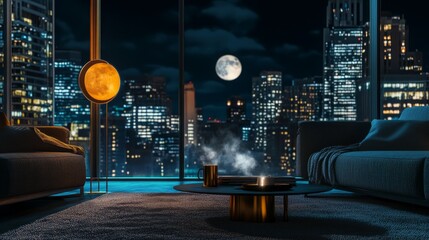 Ground-up perspective from plush carpet capturing serene late-night apartment ambiance, artisanal copper floor lamp casting amber glow across Scandinavian furnishings, panoramic windows revealing