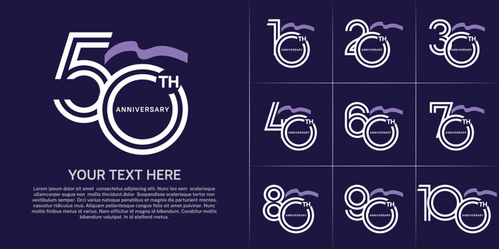 Anniversary logo type set with double line number. white color with purple long ribbon for celebration event