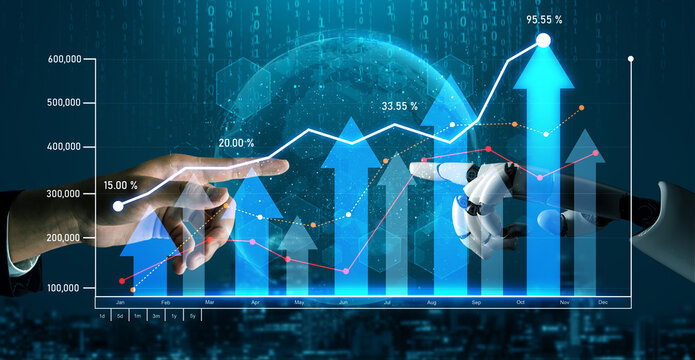 A captivating scene of a human hand reaching out to a robot hand, symbolizing collaboration in technology and data analysis, emphasizing growth and innovation in business. Scalp