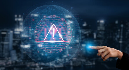 A futuristic digital alert symbol displays a warning triangle, emphasizing cybersecurity threats against a modern urban backdrop, highlighting data protection. Gantry