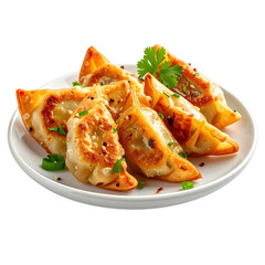 Golden brown fried momos with a delicate, crispy wrapper and juicy filling, beautifully presented and isolated on white