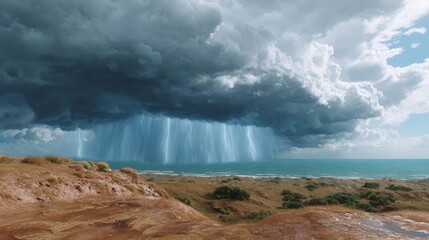 Lightning Storm Over Ocean, Coastal Landscape, Weather Event