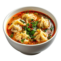 A close-up of jhol momo showcasing the dumpling and aromatic soup with herbs, isolated on a bright white background