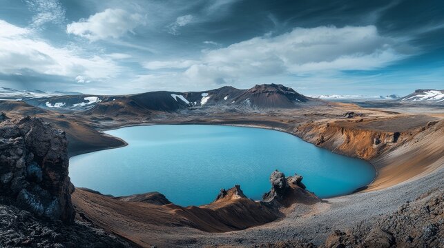 Dramatic panoramic capture of Iceland's Askja region showcasing otherworldly monochromatic volcanic fields resembling lunar surface with striking aquamarine caldera waters under vast polar sky
