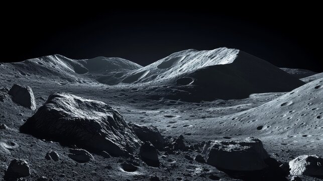 Barren lunar highlands with ancient impact craters photographed at dawn, stark contrast between illuminated peaks and deep shadowed valleys, extreme detail of regolith texture