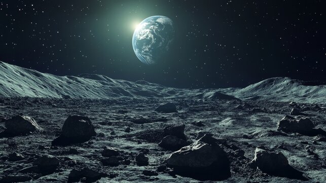 Cinematic wide-format illustration of moon's surface with Earth rising in background, photorealistic textures showing fine regolith particles and jagged rock formations