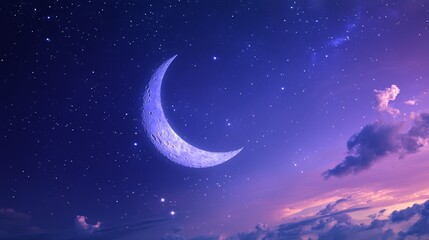 Naklejka premium Peaceful twilight scene featuring sharp crescent moon with visible surface details, set against deep blue-violet sky gradient with delicate star field and wispy high atmosphere clouds
