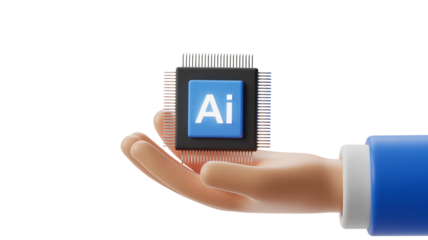 Adobe Illustrator logo on microchip in hand with blue sleeve in soft natural lighting for software marketing