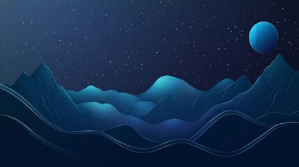 Obraz premium Minimalist vector art of lunar landscape with simplified geometric crater forms, layers of abstract mountain silhouettes against deep space background with stylized star patterns